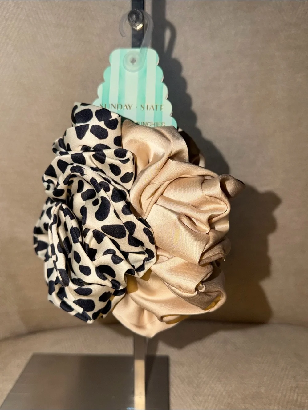 Sunday State Satin Scrunchie Duo in Black Animal Print & Cream